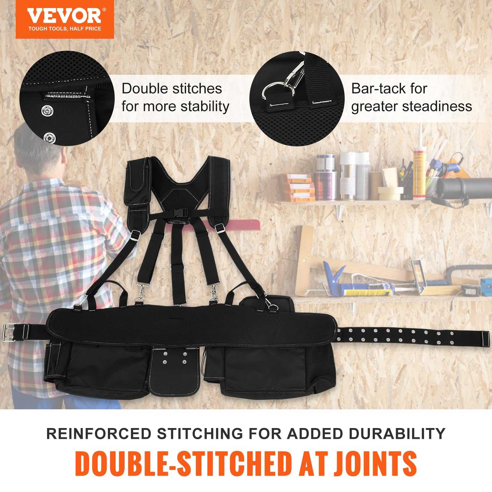 Vevor Tool Belt With Suspenders, 29 Pockets, 29-54 Inches Adjustable Waist Size, Tool Belts For Men, 600D Polyester Heavy Duty C